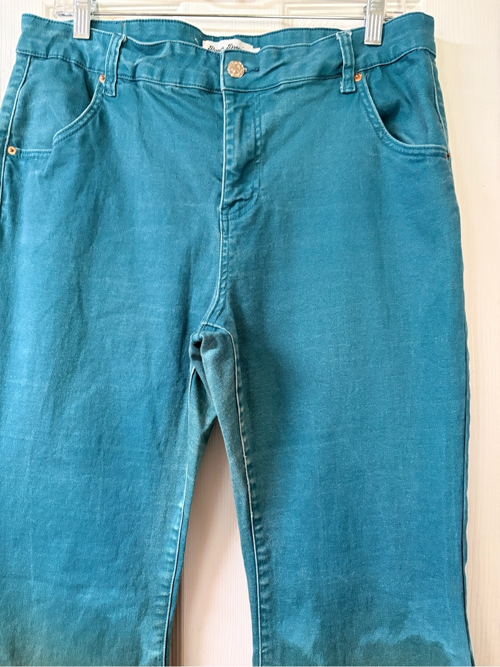 Ranch Dress’n Jade Turquoise Cowhide Print Superflare Stretchy Jeans Size 14 - Picture 7 of 14